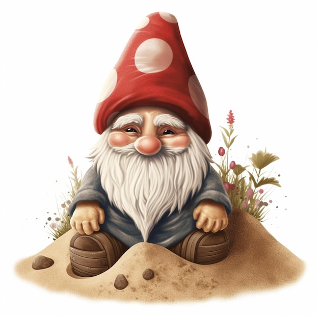 there is a gnome sitting on the ground with a red hat generative ai