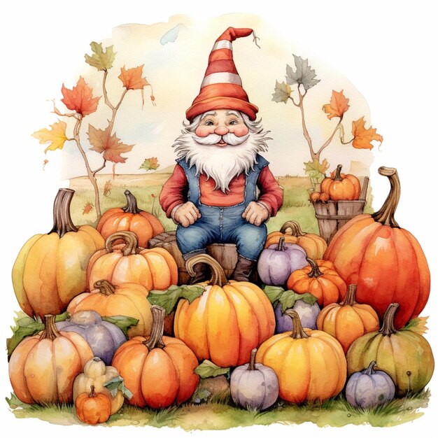 There is a gnome sitting on a pile of pumpkins generative ai