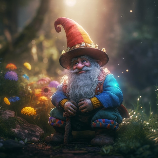 Photo there is a gnome sitting on a rock in the woods generative ai