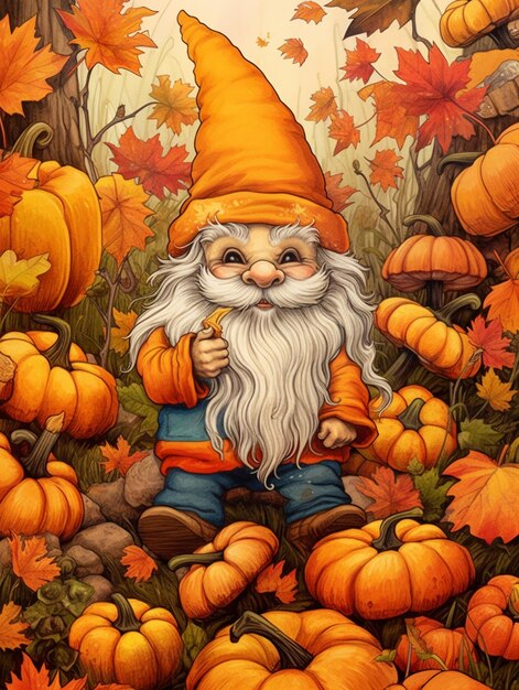 There is a gnome that is standing in a field of pumpkins generative ai