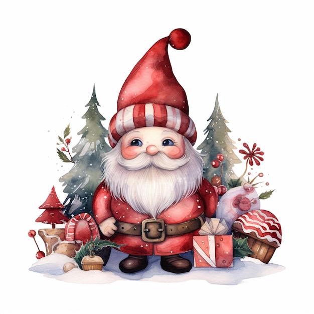 there is a gnome with a beard and a hat sitting on a pile of presents generative ai