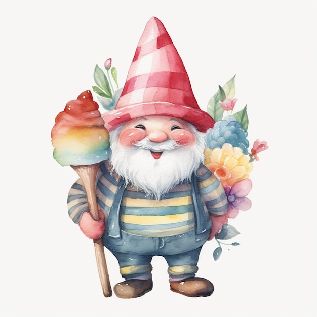 Photo there is a gnome with a hat and a flower holding a cupcake generative ai