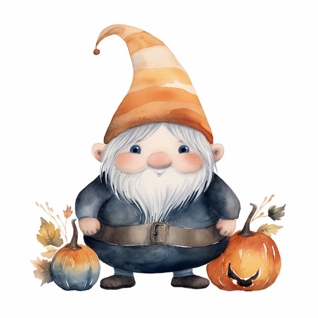 Photo there is a gnome with a hat and a pumpkin generative ai