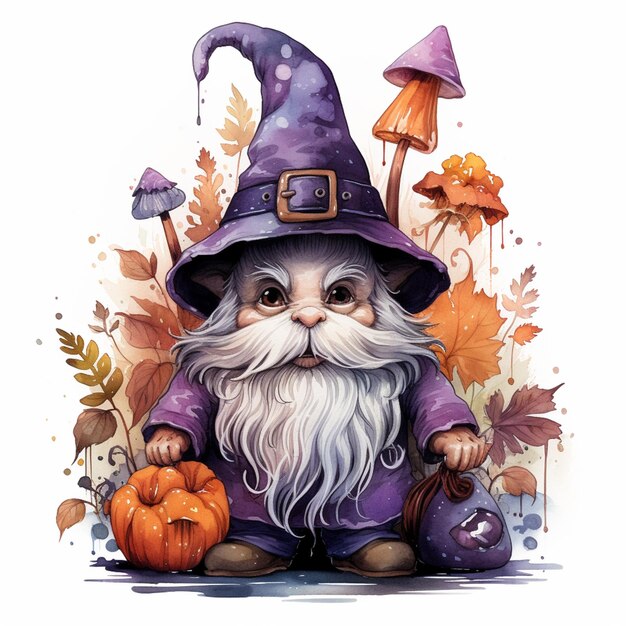 there is a gnome with a hat and a pumpkin sitting on the ground generative ai