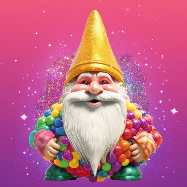 There is a gnome with a long beard and a hat holding a bunch of candy generative ai