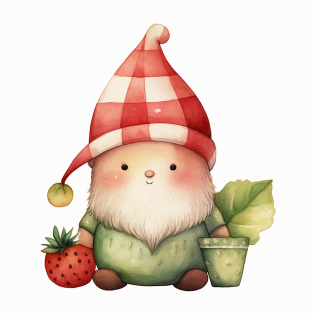 there is a gnome with a strawberry and a pot of strawberries generative ai