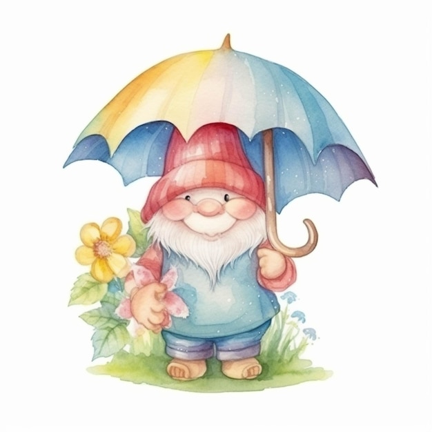 There is a gnome with an umbrella standing in the grass generative ai