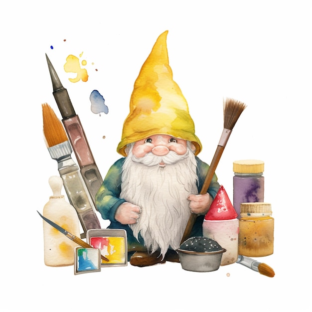 There is a gnome with a yellow hat and a paintbrush generative ai