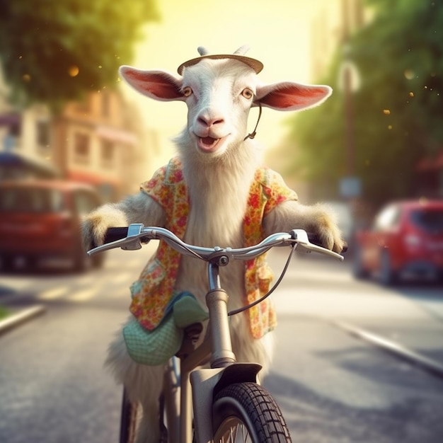 there is a goat riding a bike down the street generative ai