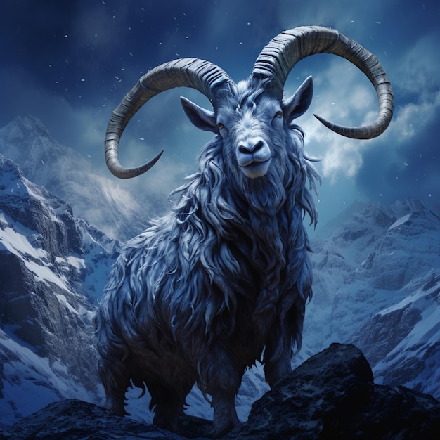 Photo there is a goat standing on a mountain with a full moon in the background generative ai