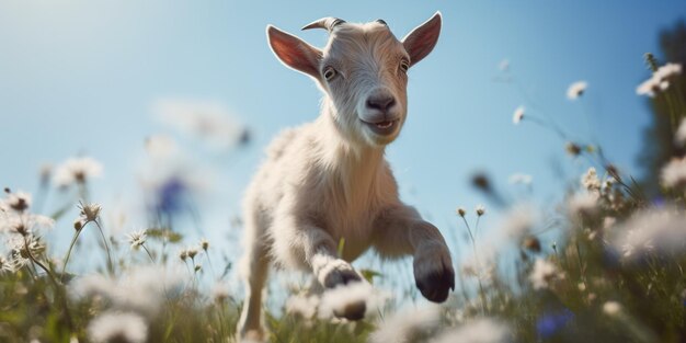 there is a goat that is running through the grass generative ai