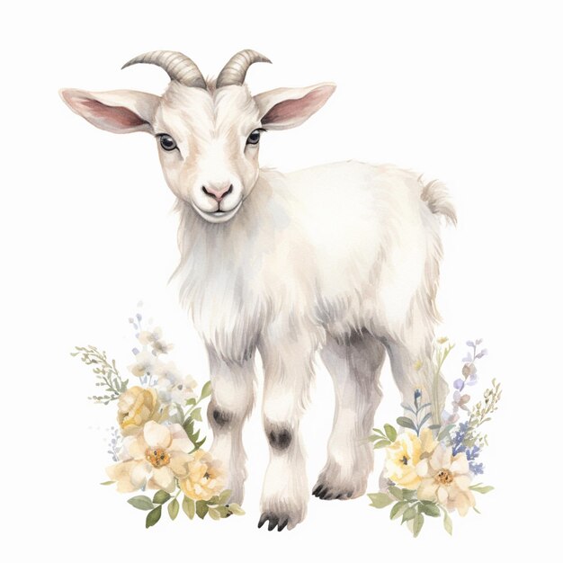 There is a goat that is standing in the grass with flowers generative ai