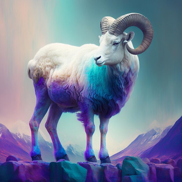 There is a goat that is standing on a rock in the mountains generative ai