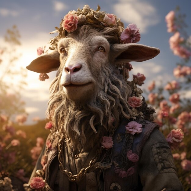 Есть коза с цветочной короной на голове.