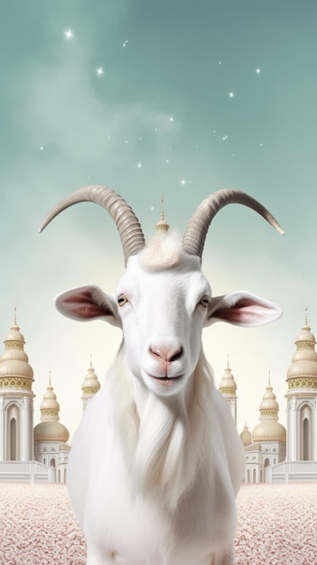 There is a goat with horns standing in front of a building generative ai