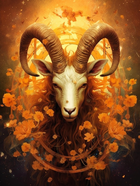 There is a goat with long horns and a flowery head generative ai