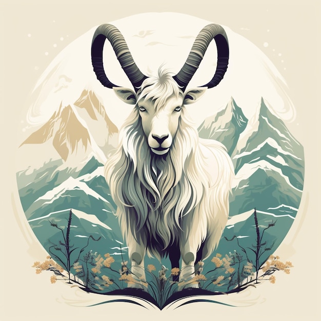 Photo there is a goat with long horns standing in front of a mountain generative ai