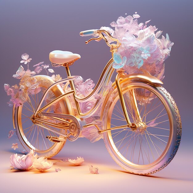 there is a gold bicycle with a basket of flowers on the back generative ai