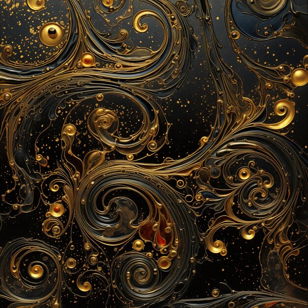 Photo there is a gold and black decorative design on a black wall generative ai