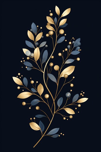 there is a gold and blue plant with leaves on a black background generative ai