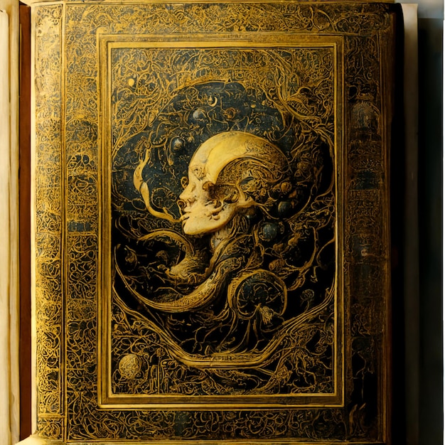 there is a gold book with a picture of a woman and a moon generative ai