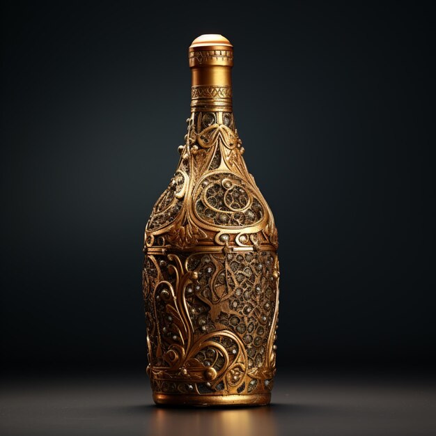 Photo there is a gold bottle with a decorative design on it generative ai