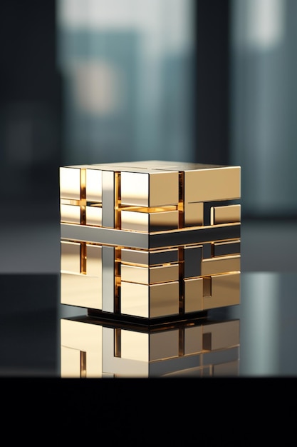 there is a gold box sitting on a table with a reflection generative ai