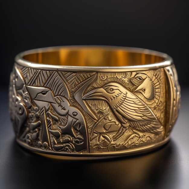 There is a gold bracelet with a bird and bird design on it generative ai