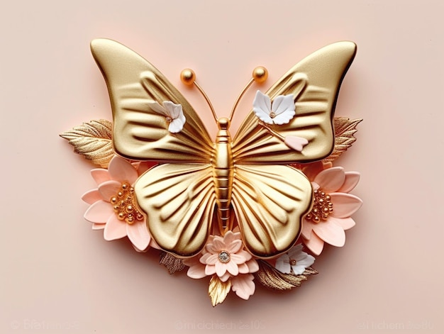 There is a gold butterfly brooch with flowers on it generative ai