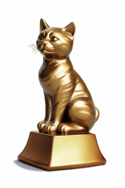 받침대 생성 인공 지능에 앉아있는 황금 고양이 동상이 있습니다.