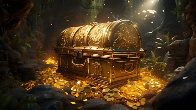 there is a gold chest in the middle of a pile of gold Generative AI