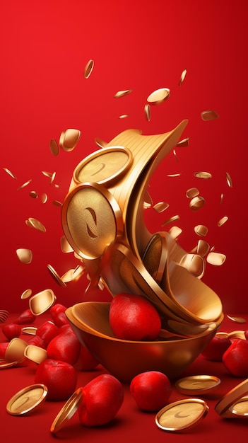 There is a gold clock sitting in a bowl of apples generative ai