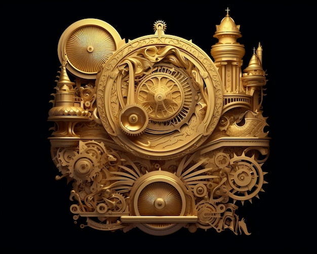 there is a gold clock with a castle in the background generative ai