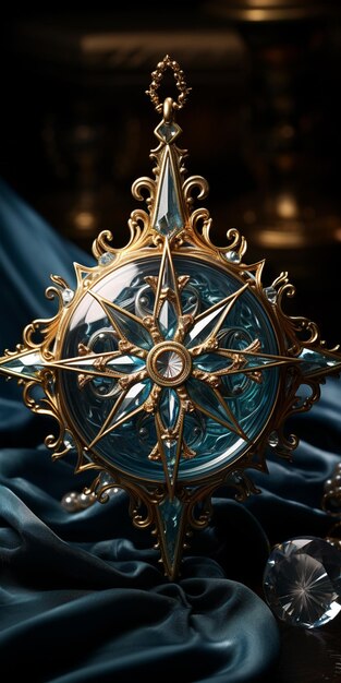 Photo there is a gold compass on a blue cloth with a diamond generative ai