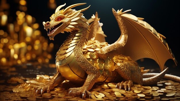 there is a gold dragon statue sitting on a pile of gold coins generative ai