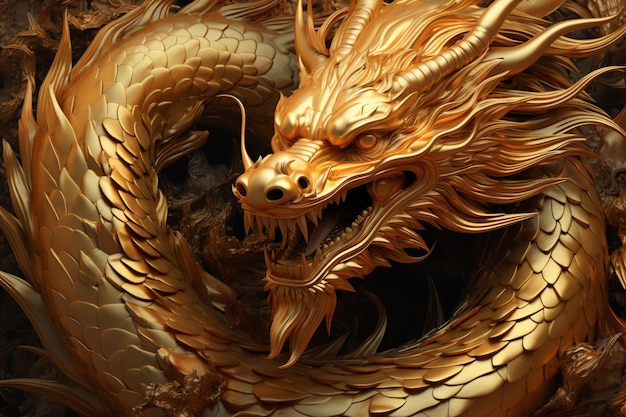 There is a gold dragon statue with a black background generative ai