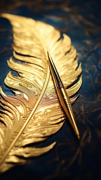 there is a gold feather with a pen on it generative ai