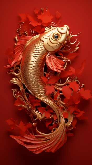 There is a gold fish with red leaves on a red background generative ai