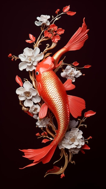 There is a gold fish with red and white flowers on it generative ai