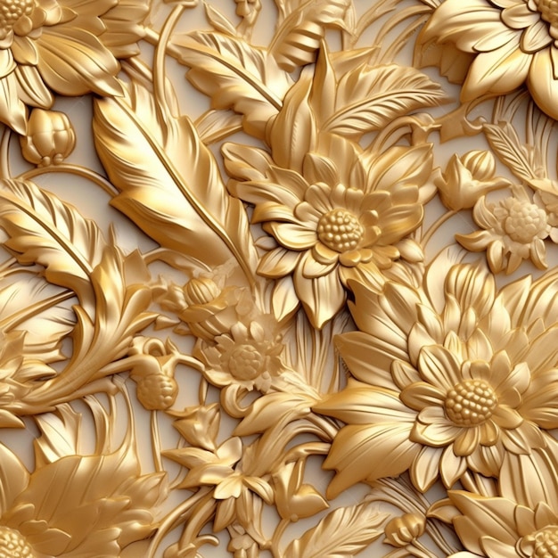 There is a gold flower pattern on a white wall generative ai