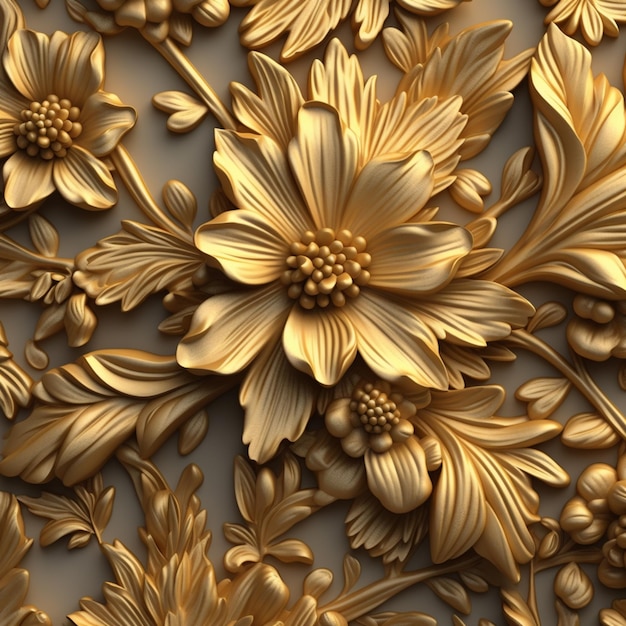 There is a gold flower on a wall with many leaves generative ai