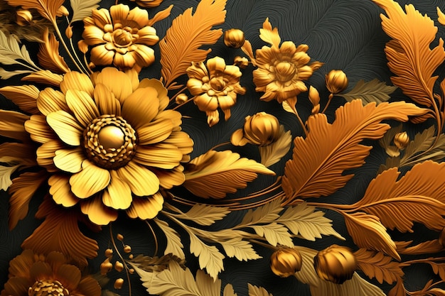 There is a gold flower with leaves and berries on a black background generative ai