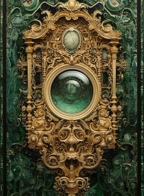 There is a gold frame with a green background and a clock generative ai