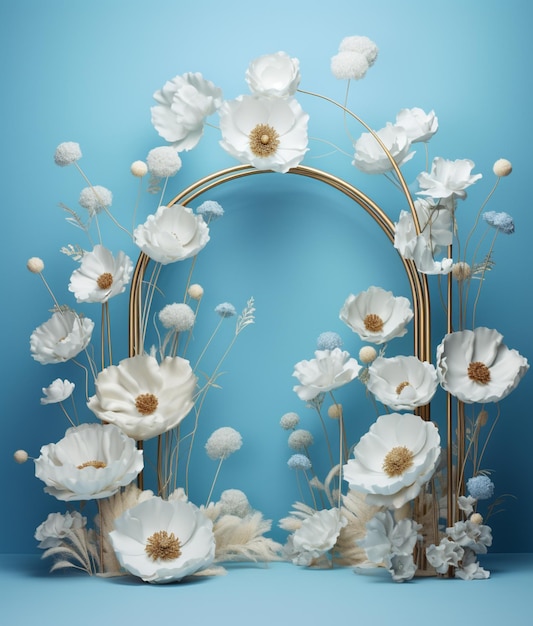 There is a gold frame with white flowers on a blue background generative ai