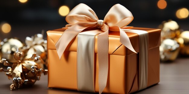 there is a gold gift box with a bow and a gold decoration generative ai