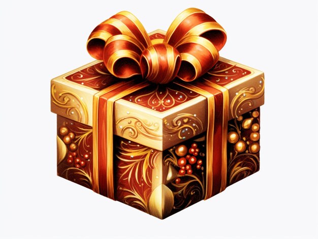 there is a gold gift box with a red ribbon and a bow generative ai