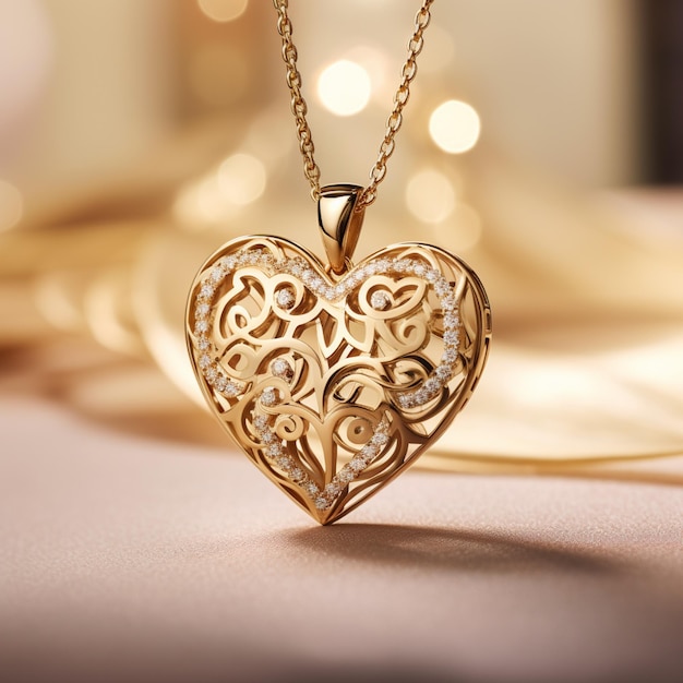 There is a gold heart shaped necklace with diamonds on it generative ai