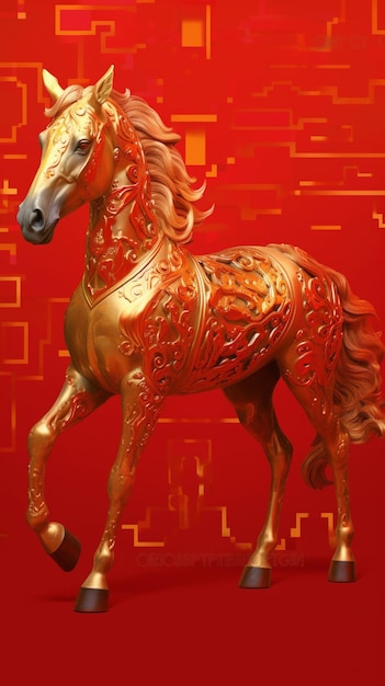 There is a gold horse statue on a red background generative ai