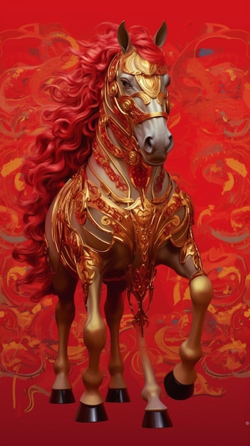 There is a gold horse with red mane and mane on a red background generative ai