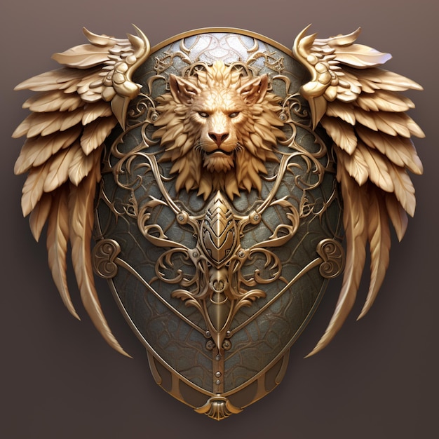 Photo there is a gold lion head with wings on a shield generative ai